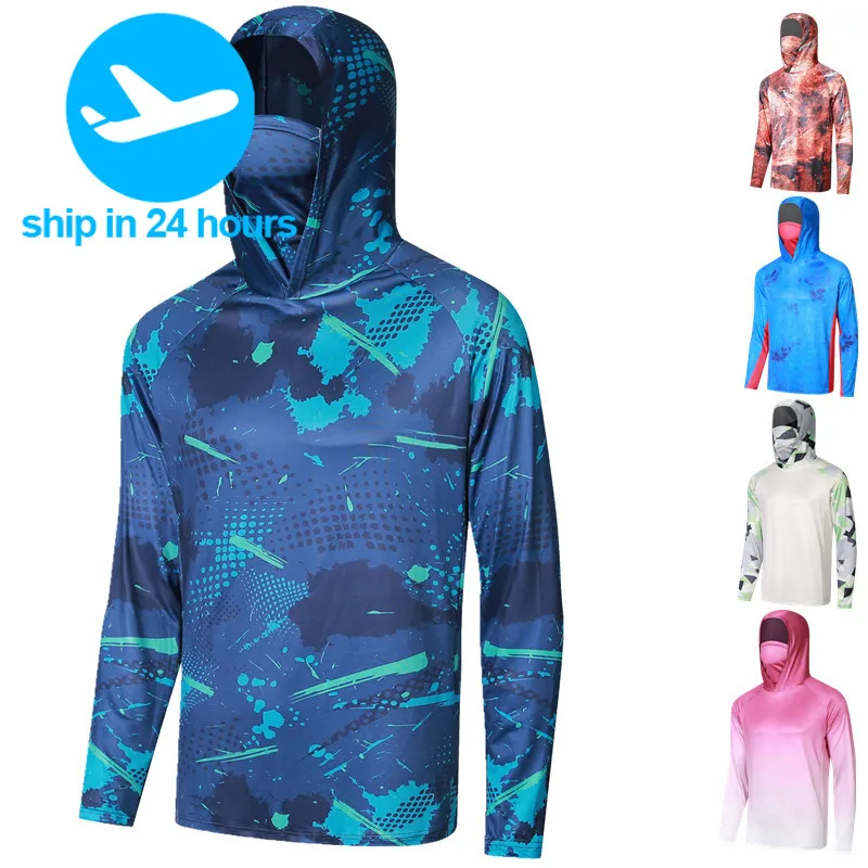 Fishing Shirts Men' Performance Angling Hoodie Clothing Outdoor UV Protection Breathable Face Mask Fishing T-shirts Tops