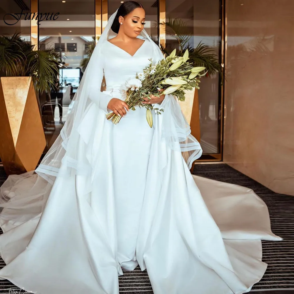 

Funyue Long Sleeve V-Neck Wedding Dress for Bride Ball Gown Dubai Arabic Satin Bride Dresses Plus Size African Vestido De Novia