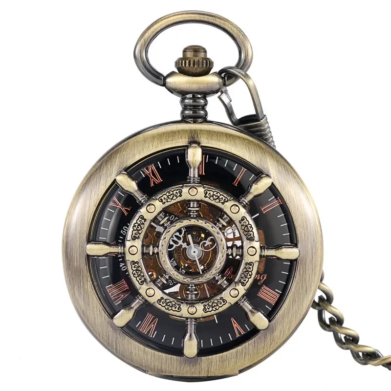 Vintage Hollow Out Rudder Design Men Women Handwinding Mechanical Pocket Watch Pendant Chain Roman Number Display Clock Gift