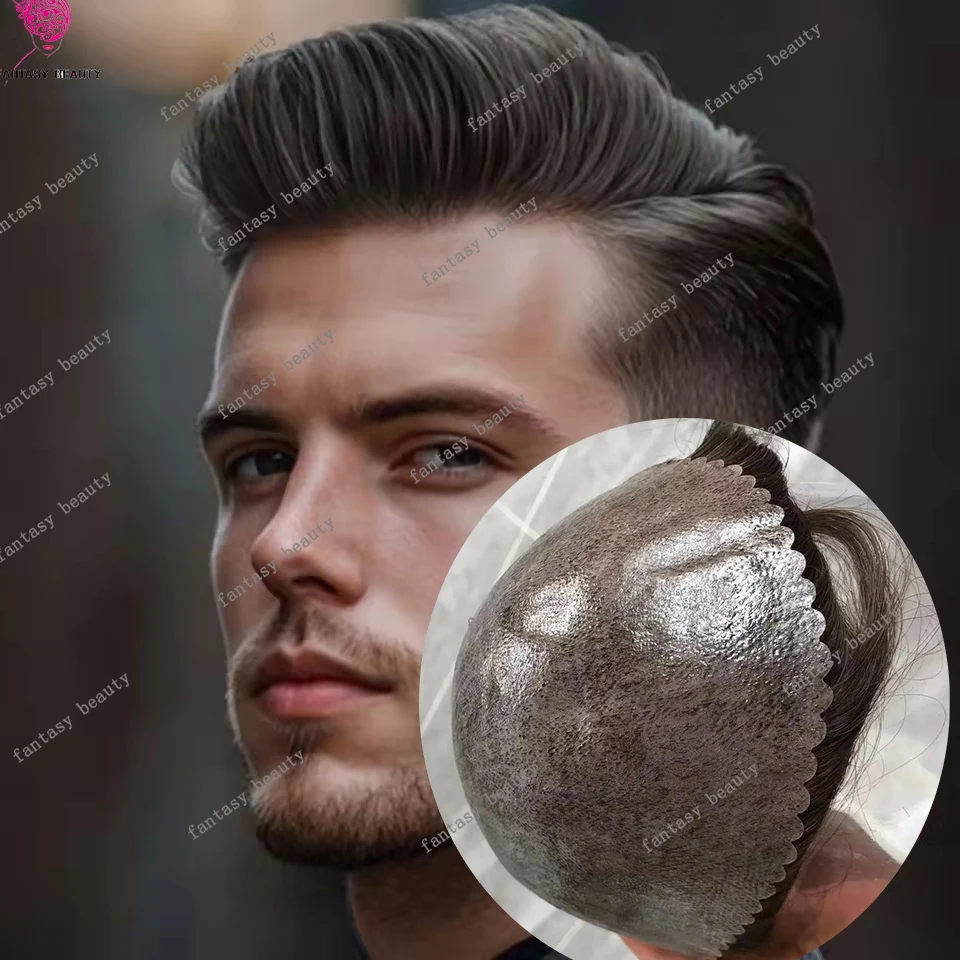 # 4 # 2 # 5 بني فاتح كامل رقيقة الجلد الصغير بولي PU خط الشعر الطبيعي الذكور الباروكات رمادي 100% شعر الإنسان الشعر المستعار استبدال كابيلر الاصطناعية