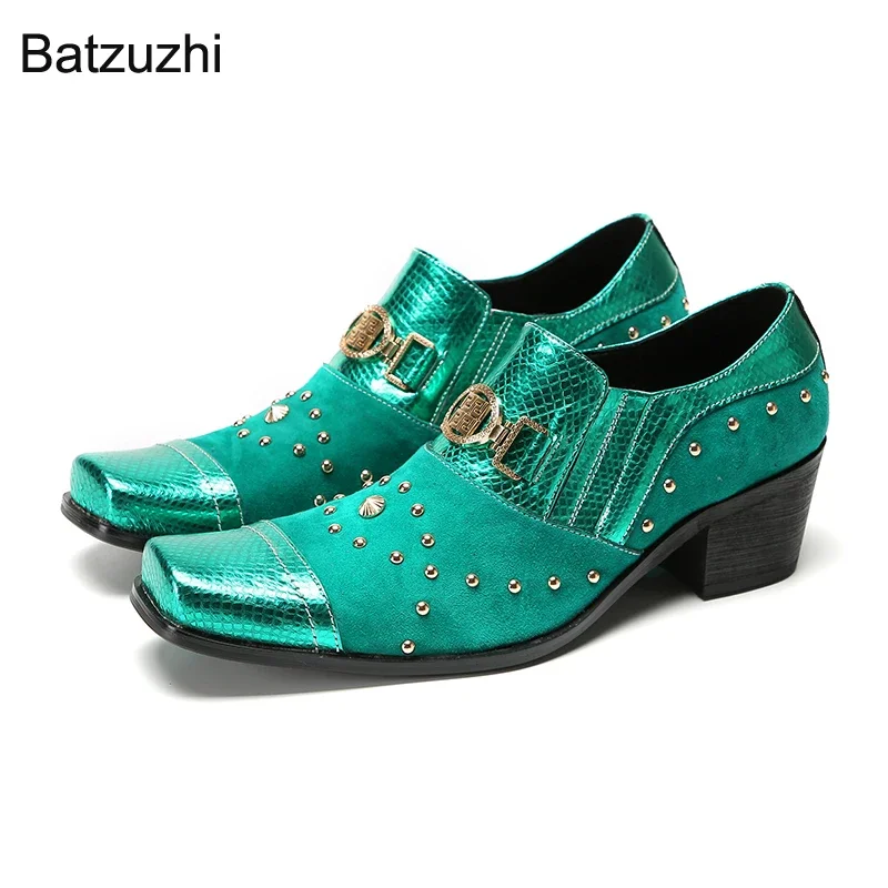 

Batzuzhi Handmade Luxury Leather Shoes Men Blue Rivets 6.5cm High Heels Slip on Business, Party, Wedding Shoes for Men, US6-US12