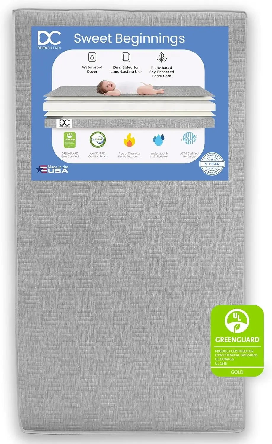 Sweet Beginnings Colchón de doble cara para cuna y niños pequeños en una caja - Certificado GREENGUARD Gold y CertiPUR-US - Foa de soja a base de plantas