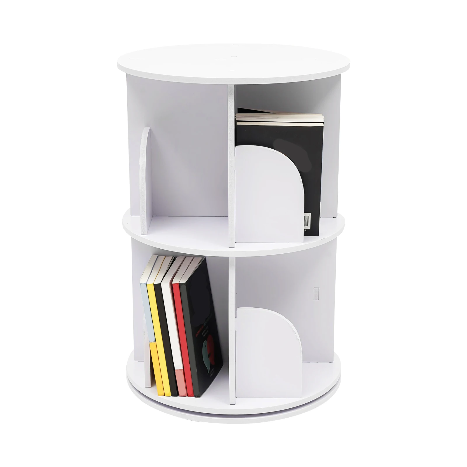 2-Tier Rotating Bookshelf Round Spinning Bookcase for Kids&Adults - PVC Wood Plastic Board Small Bookshelf Organizer for Bedroom