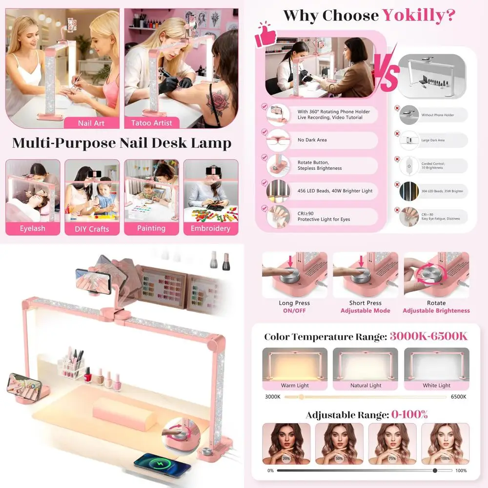 

Настольная светодиодная лампа 48 Вт с 34 регулируемыми светодиодами и плавной регулировкой яркости, 3000K-6500K, идеально подходит для маникюра и нейл-мастеров (Розовый бриллиант)