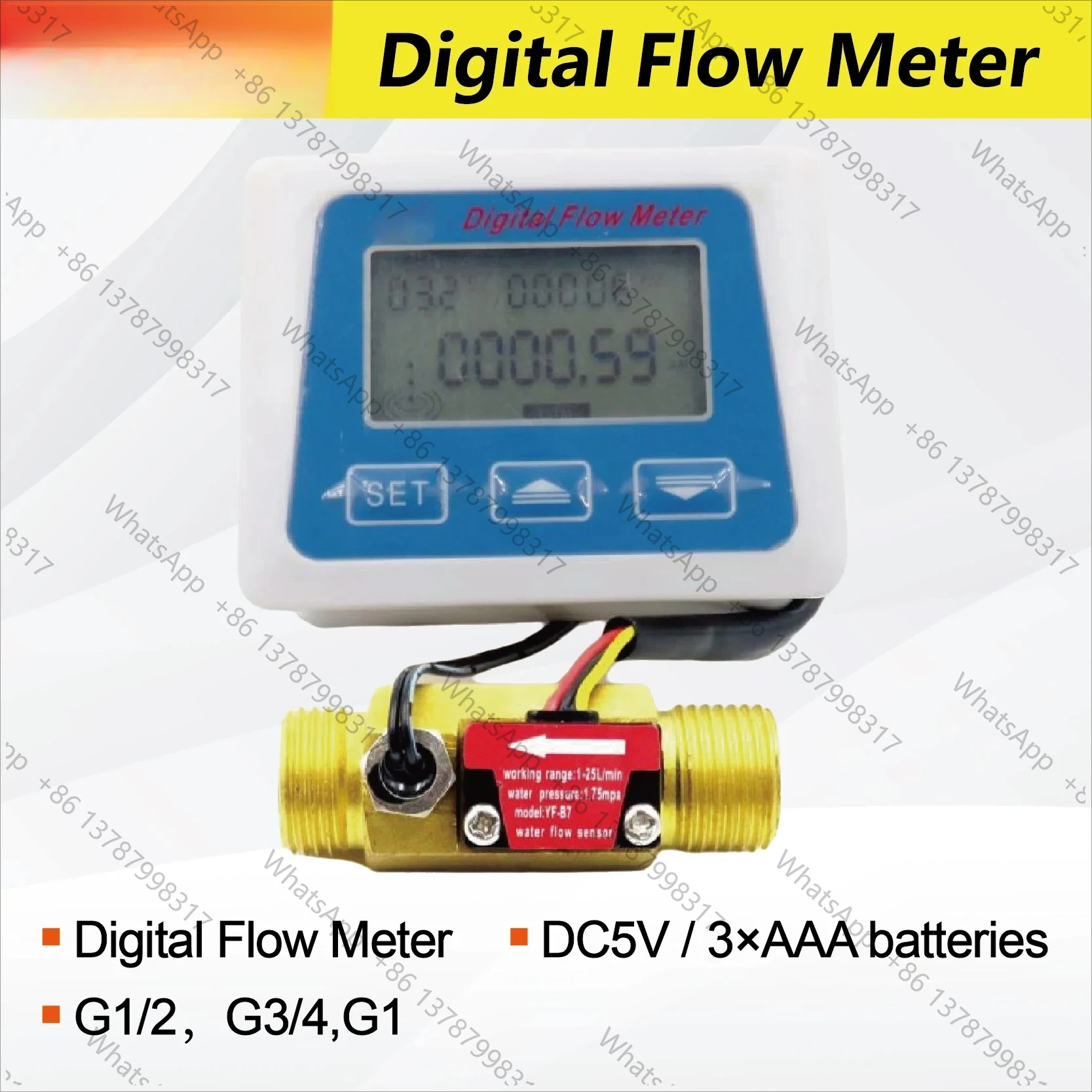 Smart Digital Water Meter LCD Flow Rate Monitor Inline Electronic Flow Sensor with Temperature Display G1/2 G3/4 G1