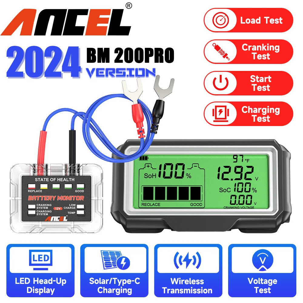 ANCEL BM200 PRO LED-batterijtester voor 12V batterijmonitor Display Batterijgezondheid SOH SOC-tester Analyzer Oplaadtester Gereedschap