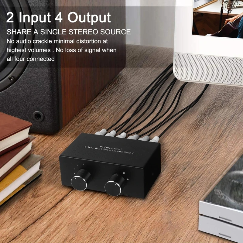 4 Way Bi-Directional RCA Stereo Audio Switch 2 In 4 Out or 4 In 2 Out L/R Jack Sound Channel RCA Audio Switcher Selector