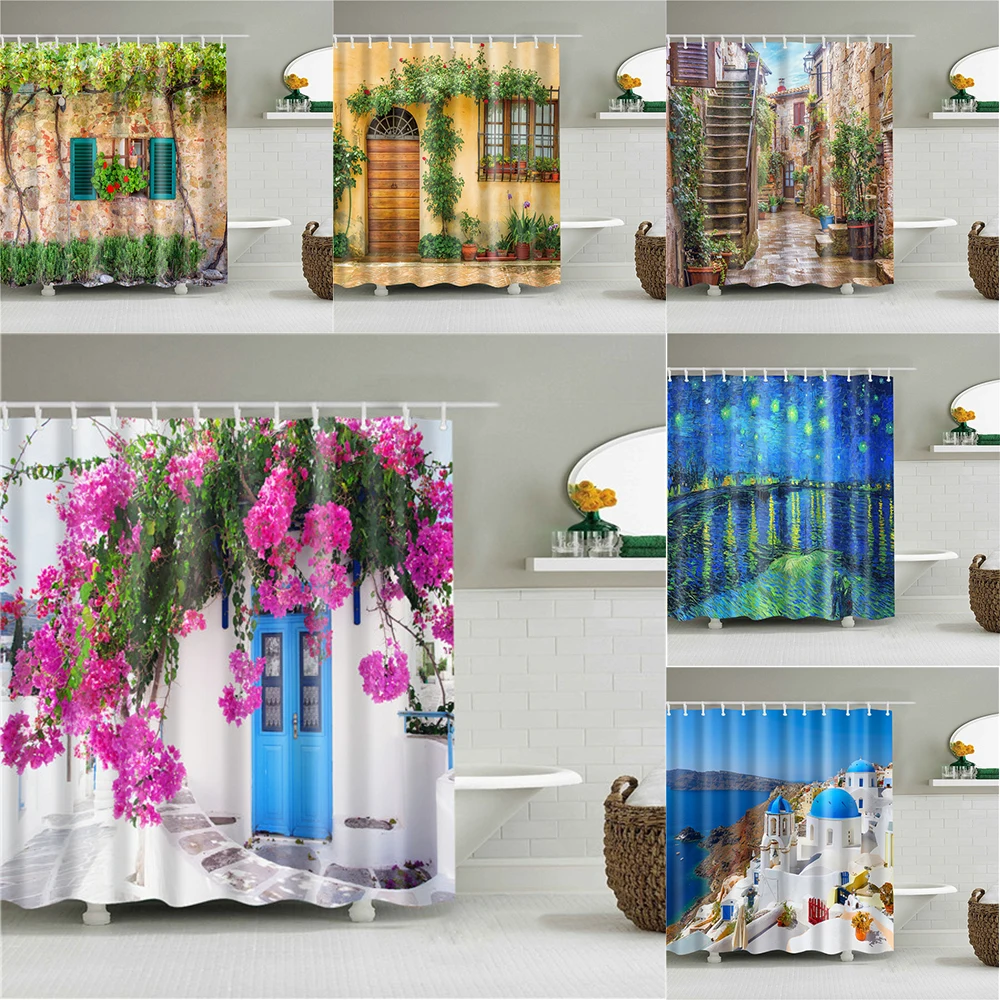 Country Town Street View Printing Shower Curtain Bathroom  Waterproof Polyester Home Decor With Hooks