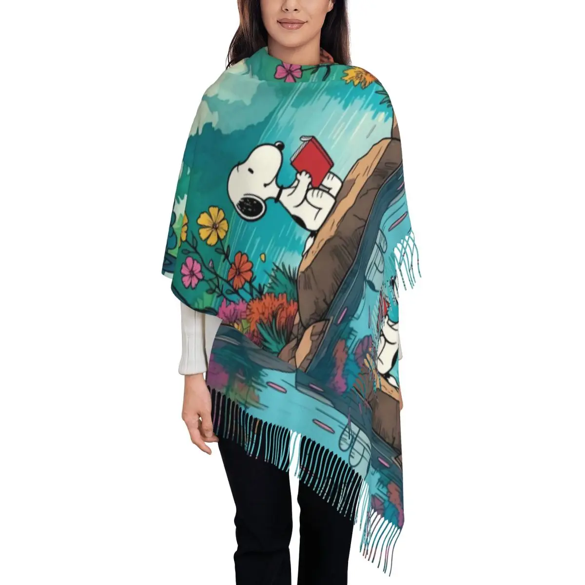 

Женский шарф с рисунком Снупи на заказ, длинные зимне-осенние теплые шаль с кисточками, шарфы унисекс