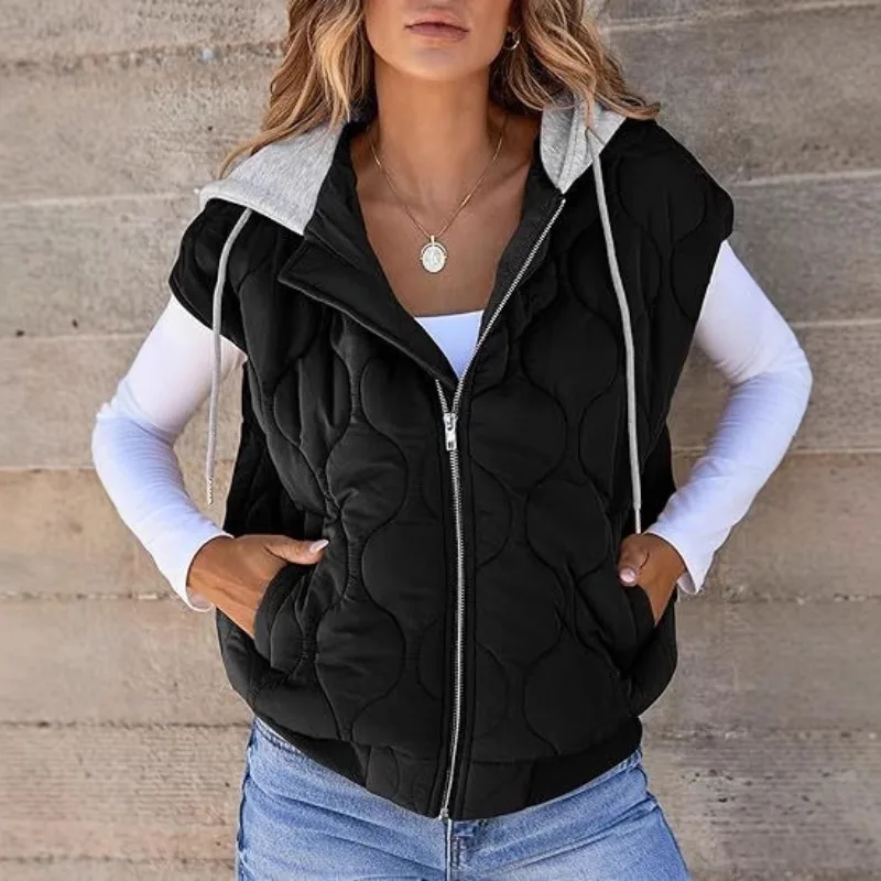 2025 Hot Autumn New Color Matching Sleeveless Jacket Women Simple Versatile Drawstring Hooded Vest Women