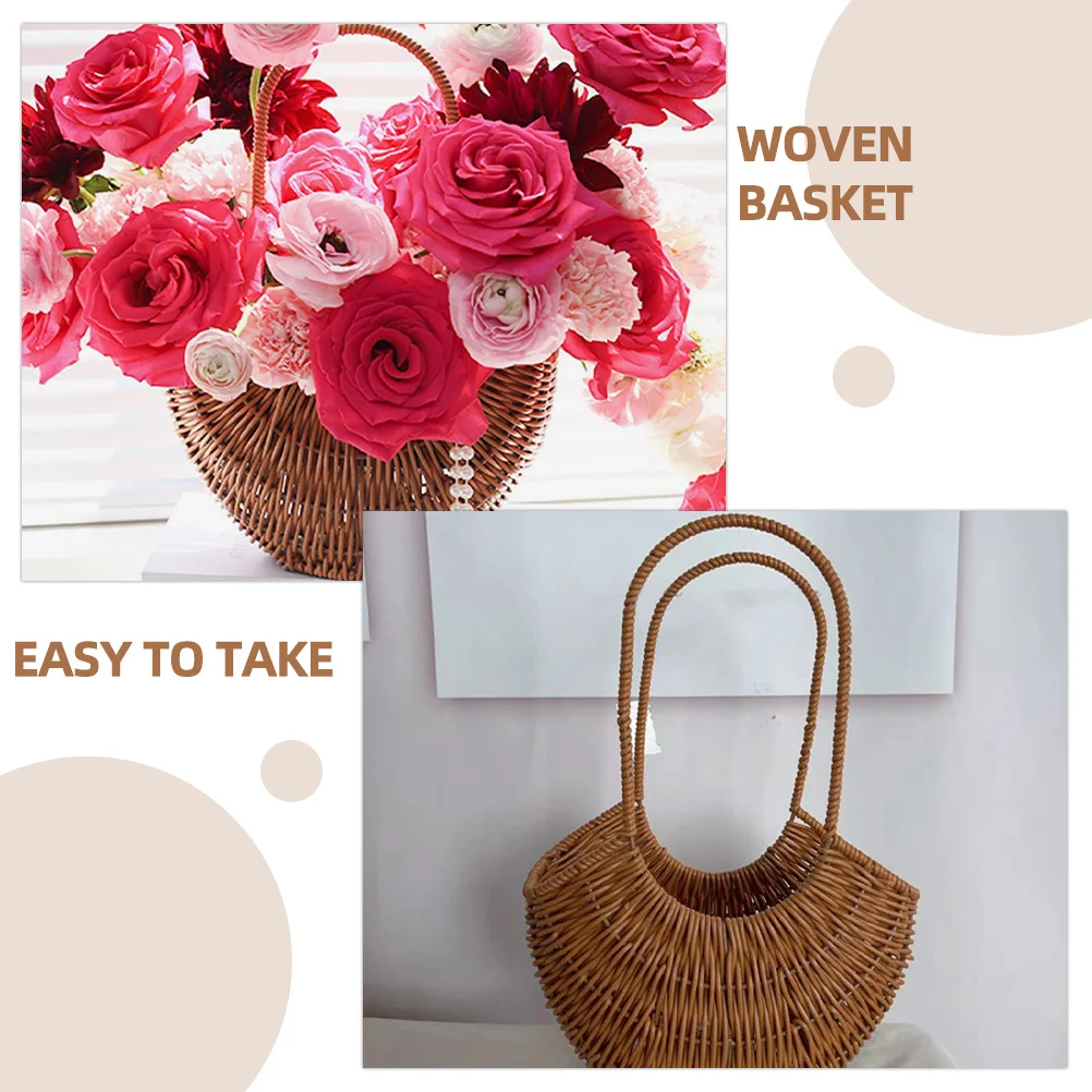 

Hand Woven Basket Simulation Rattan Decorative Flower Storage Basket Portable Fruit Small Items Storage Organizer