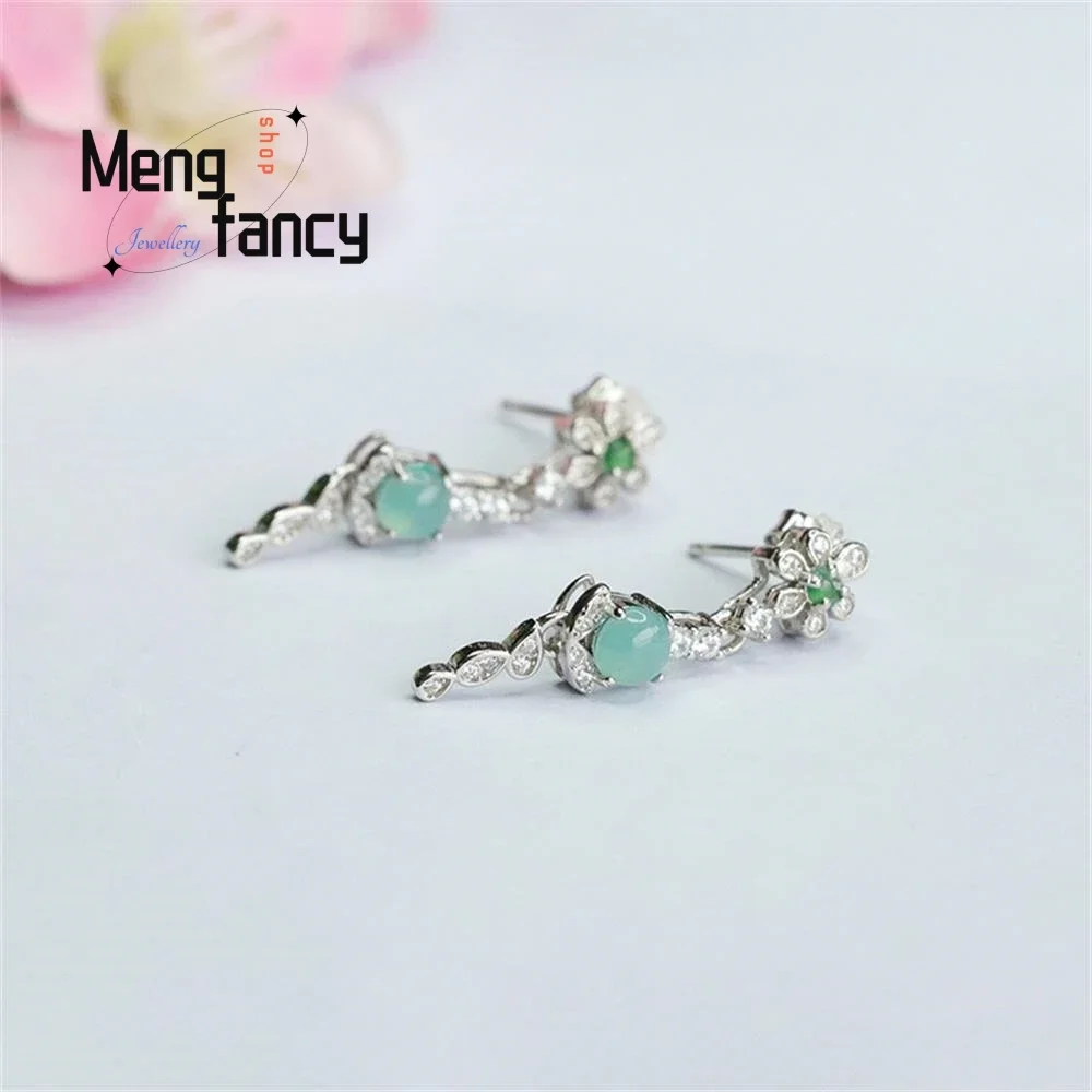 

S925 Silver Inlaid Natural Jadeite Ice Blue Water Earrings Exquisite Elegant Simple High-grade Luxury Quality Fashion Jewelry