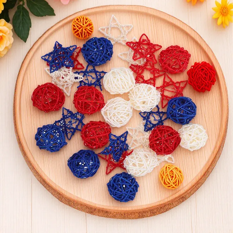 30 Boules de Rotin Décoratives Patriotiques pour Fête de l'Indépendance, Décoration de Scène Domestique, Remplisseurs de Bols et Vases