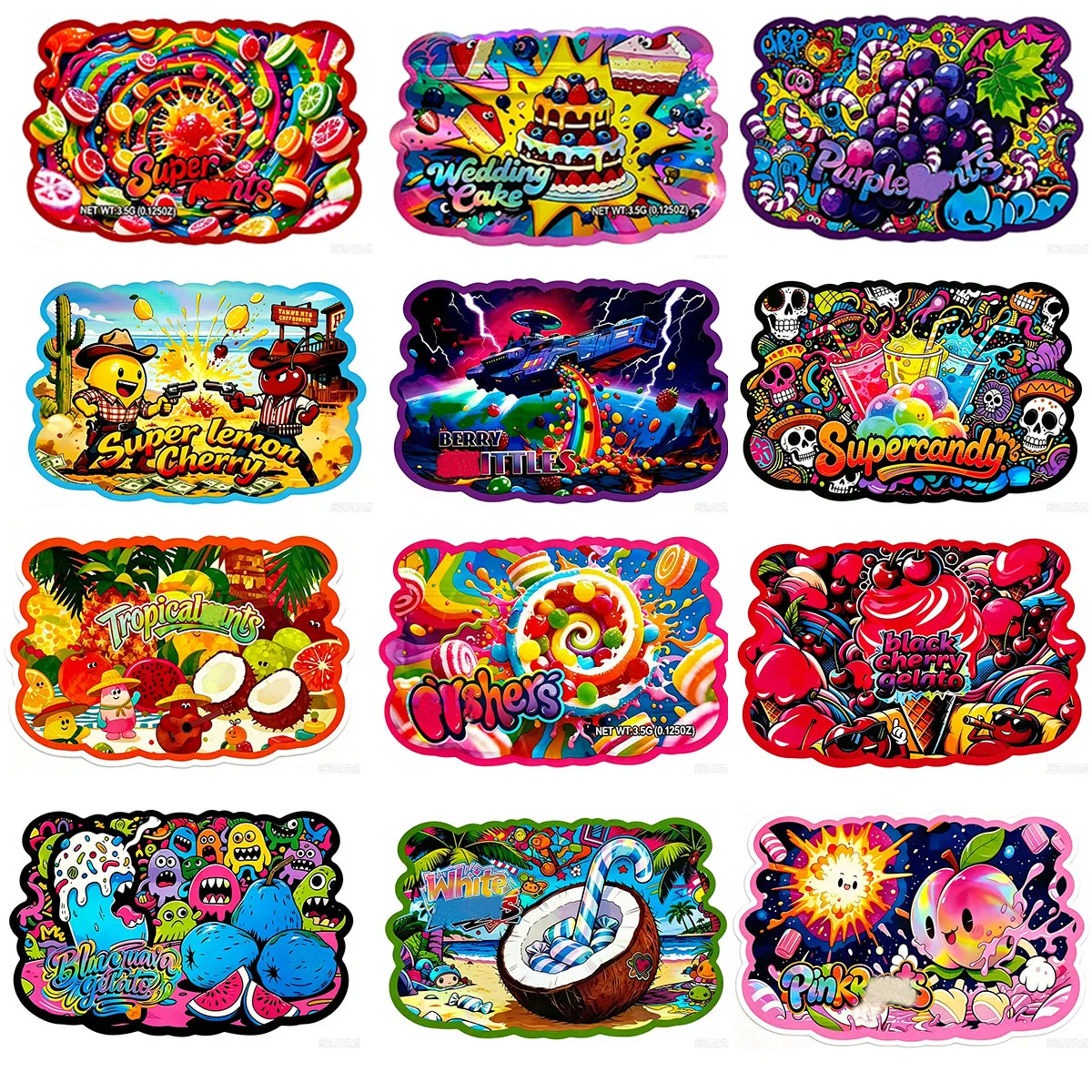3.5 Gram Hologram Cartoon Irregular Cali Die Cut Mylar Bag Plastic Zipper Lock Storage Pouch Empty Package 3.5g Packaging Case