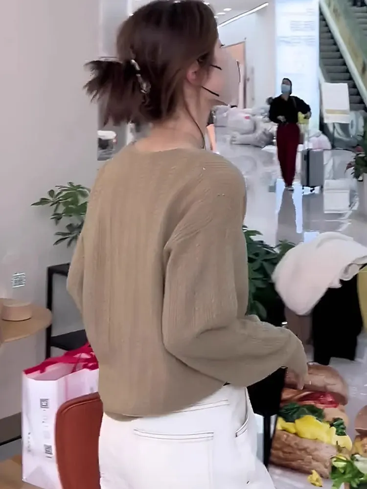 Schicke Khaki-Strickwaren, lang, Swe, lässig, bequem, hautfreundlich, für den Pendelverkehr, neues SLE-Top, weich, gemütlich, reine Farbe, schlichtes Design