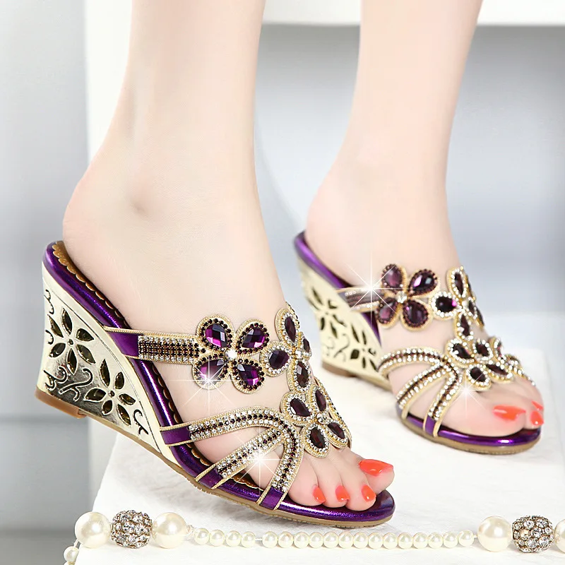 Med Shoes Woman 2025 Slippers Summer Heeled Mules Glitter Slides On A Wedge Pantofle High Jelly Fretwork New TPR Crystal Sexy PU