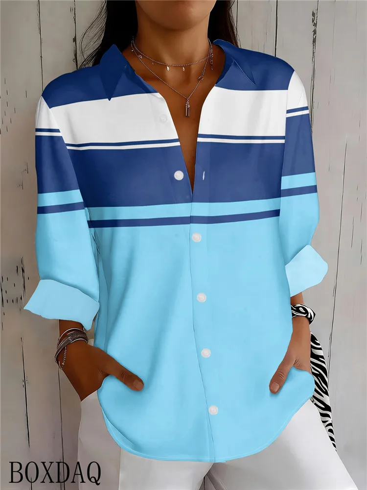 Autumn New Women's Blouse Long Sleeved Lapel Striped Multi-Color Pattern Printed Casual Loose Single Breasted Shirts Elegant Top