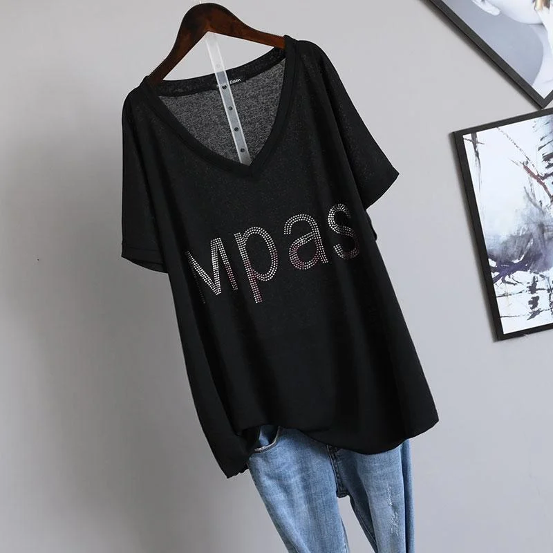 【Camiseta plus size】 (150kg poderia usar) coreano oversize moda feminina camiseta solta plus size camiseta moda com decote em v