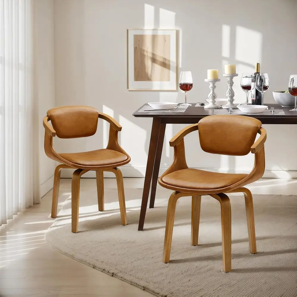 

Century Modern Leather Swivel Chair, No Wheels, Wood Legs, Set of 2, Matt Brown for Home Office