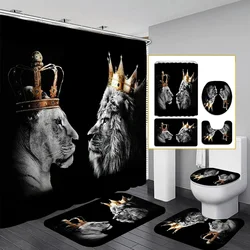Lion King and Queen Bathroom Set 4 Piece Luxury Black Gold Shower Curtain Floor Mat U Shaped Toilet Seat Cover Unique Home Decor