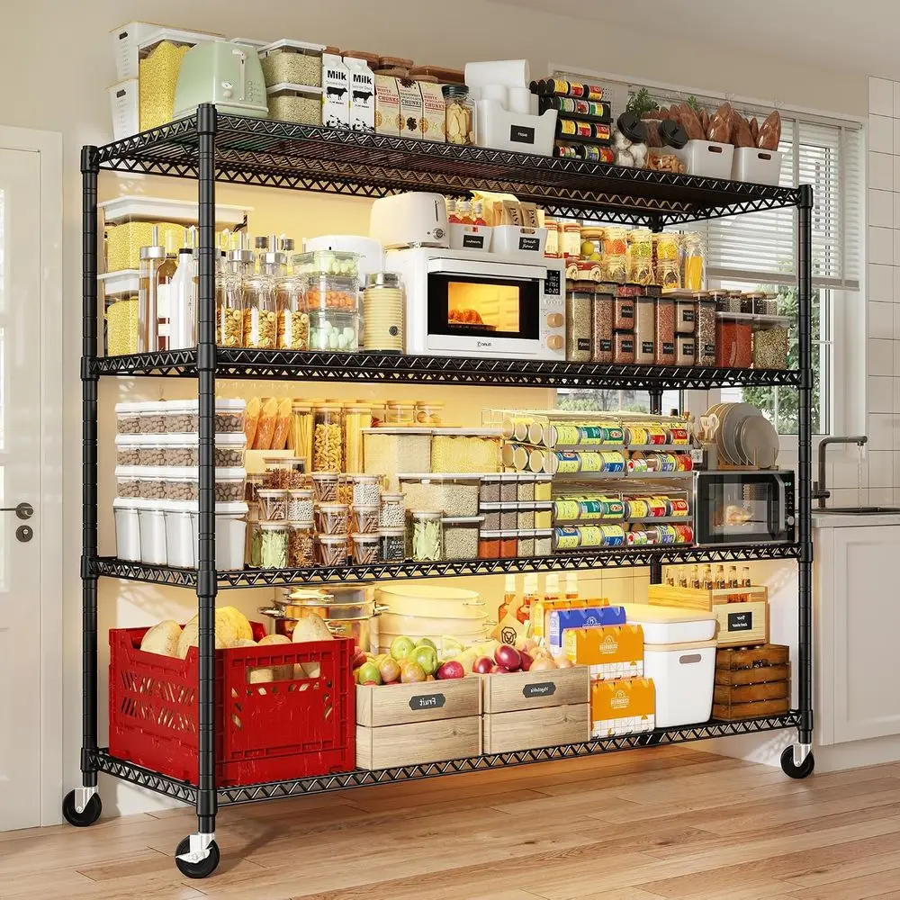 REIBII 60''W Storage Shelves 2399LBS Metal Shelving Unit with Wheels & eet, 4 Tier Garage Shelving Heavy Duty Adjustable Wire Sh