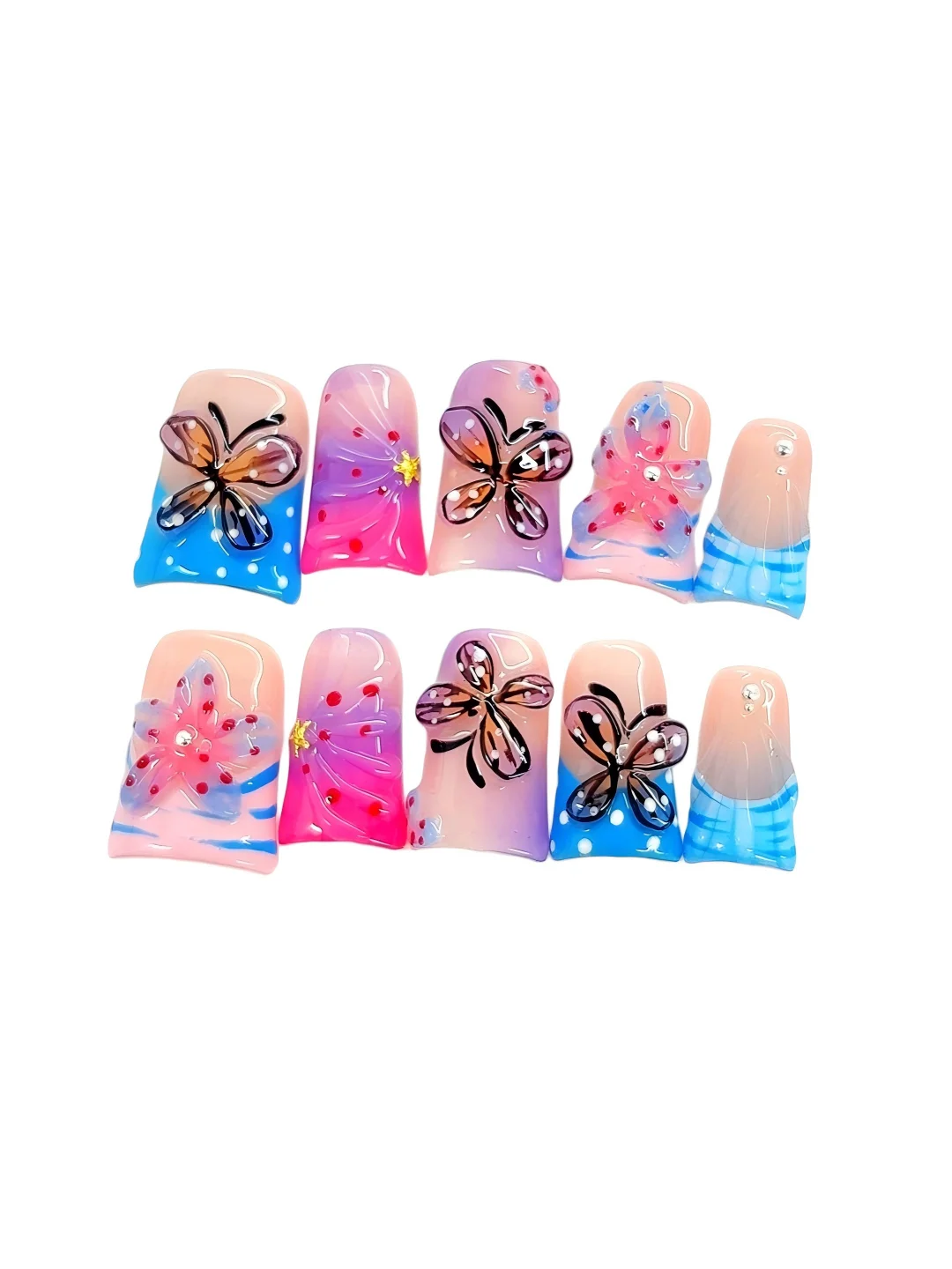 

3D Butterfly Floral Rhinestone Press on Nails - Colorful Gradient Square False Nails for Women（L283）
