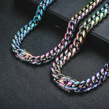 6毫米-16毫米重磅朋克彩虹古巴鏈項鍊 男女嘻哈金色不銹鋼自行車騎行頸鍊飾品 10 最佳銷售 彩虹首飾 - №7