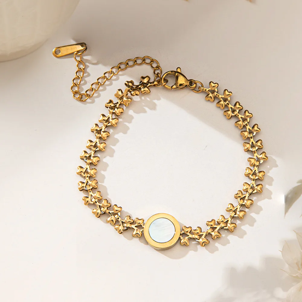 Reversible Women Bracelet, Original Niche 18K Gold Plated Titanium Steel Jewelry with Natural Round White MOP Shell
