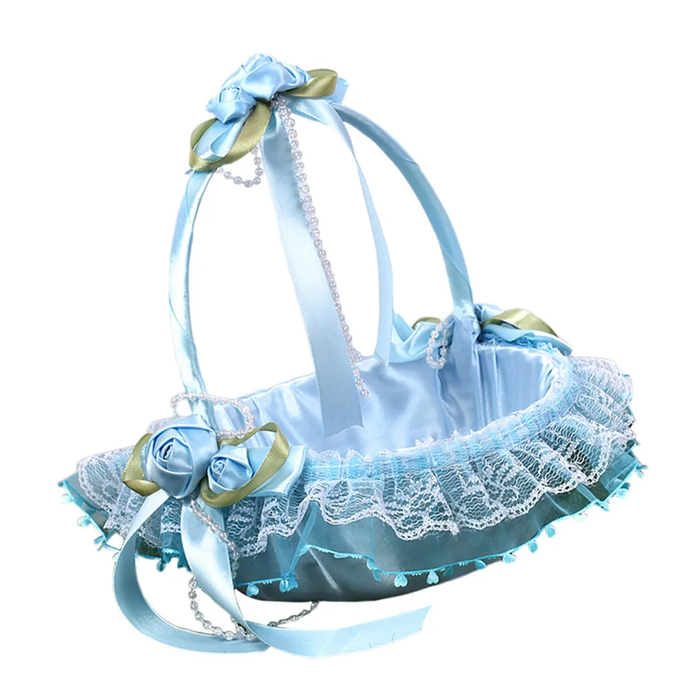 

Portable Handheld Wedding Flower Basket Blue Girl Baskets Decoration Storage Elegant Romantic Cloth Bowknot Flowers Petals