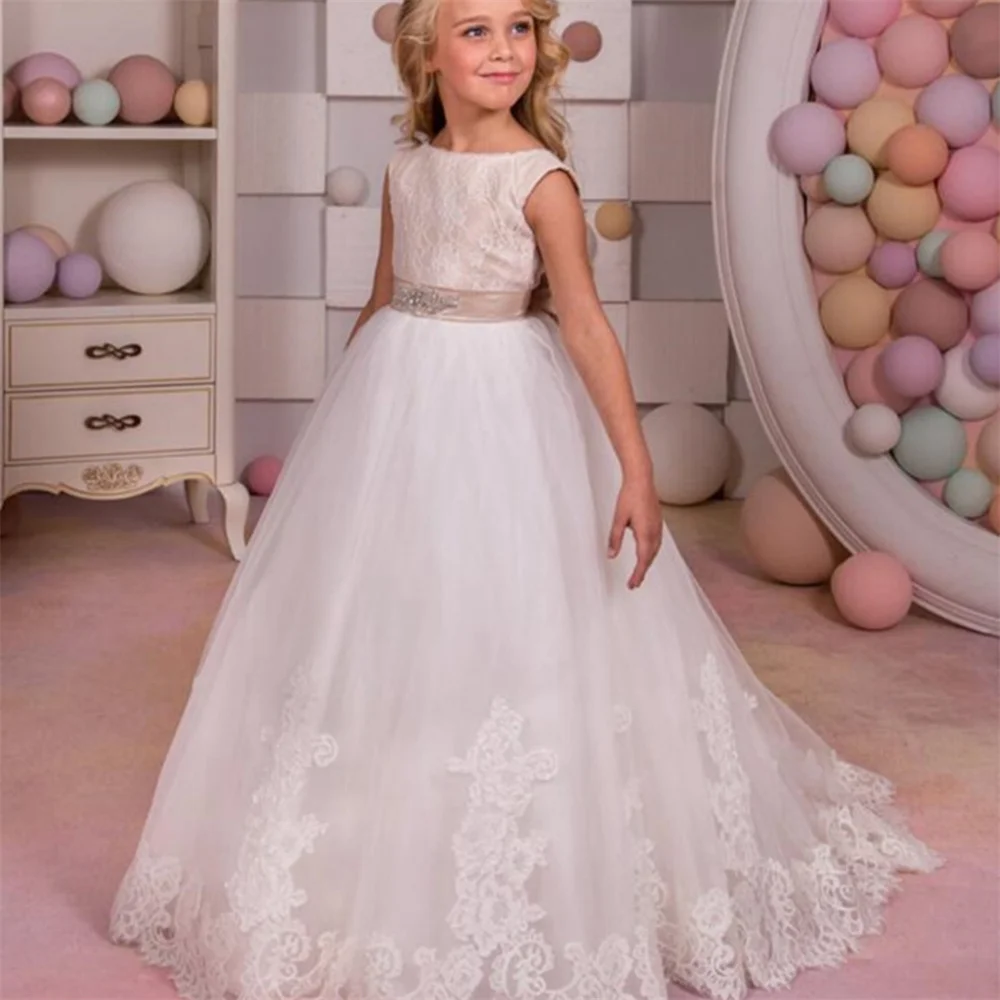 

Custom Princesses Flower Girl Dress Puffy For Wedding Kids Lace Appliques Party Pageant First Communion Kids Birthday Gift Gowns