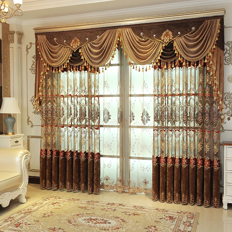 

Custom curtain luxury embroidered hollowed-out European screen coffee cloth blackout curtain tulle valance drape C1190