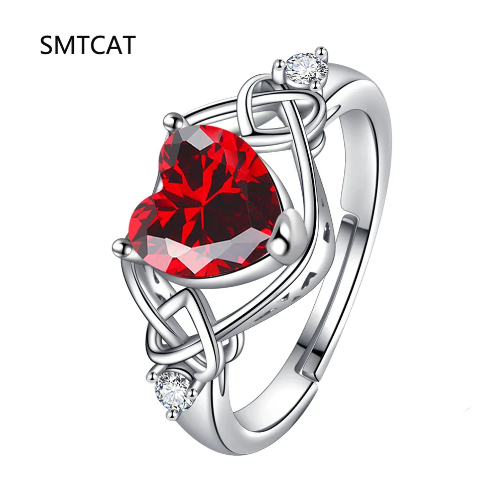Anillo De Plata De Ley 925 con rubí rojo creado en forma De corazón con nudo De amor ajustable para mujer, joyería De piedras preciosas De moda, Anillos De Prata