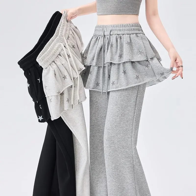 American Retro Sporty Style Faux Two-Piece Casual Sweatpants For Women Spring Summer Ruffled Slightly Flared Pants With Star