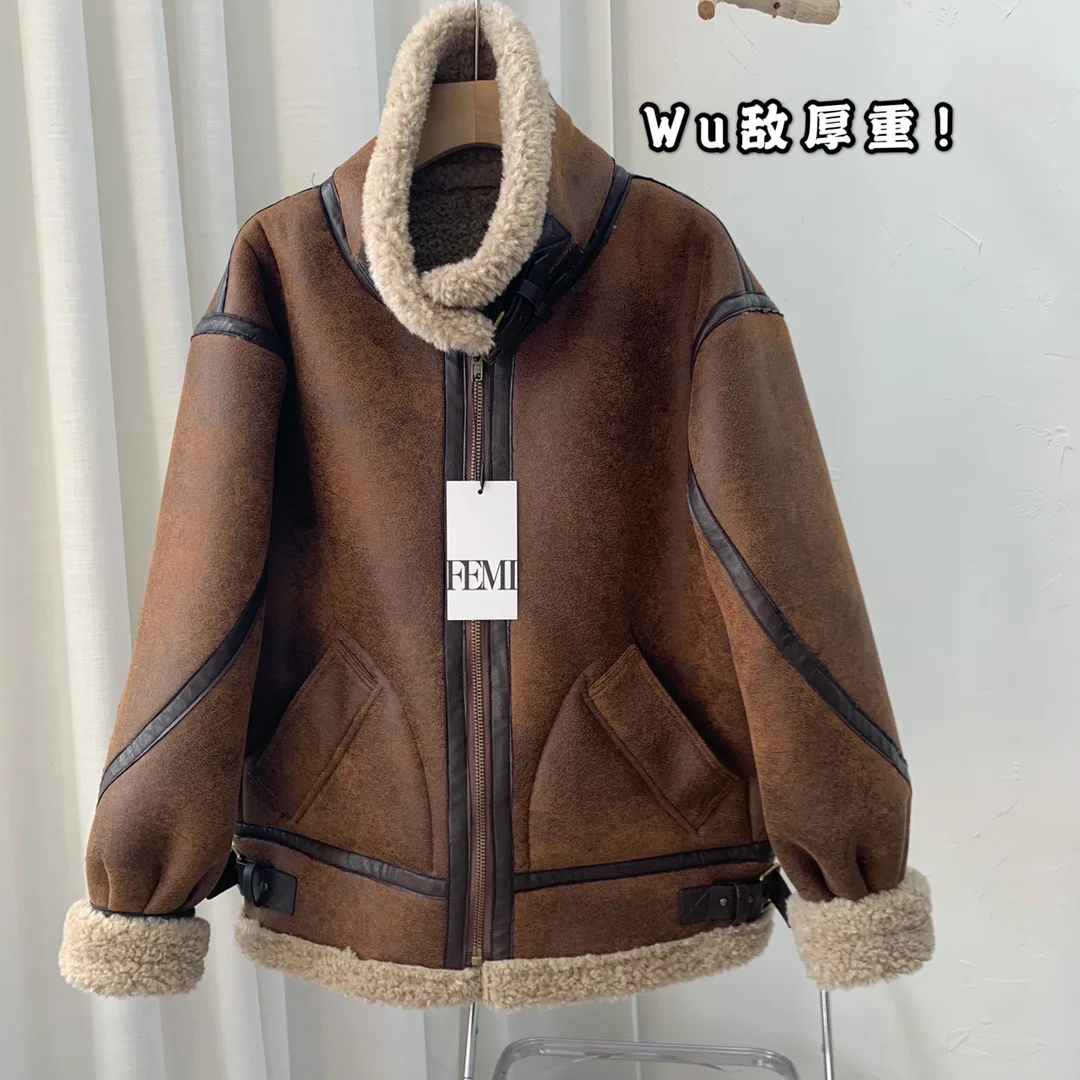 Giacca corta marrone da donna di moda anni '90 inverno caldo cerniera allentata imitazione cappotto di lana di agnello cappotto in pelle da moto addensato