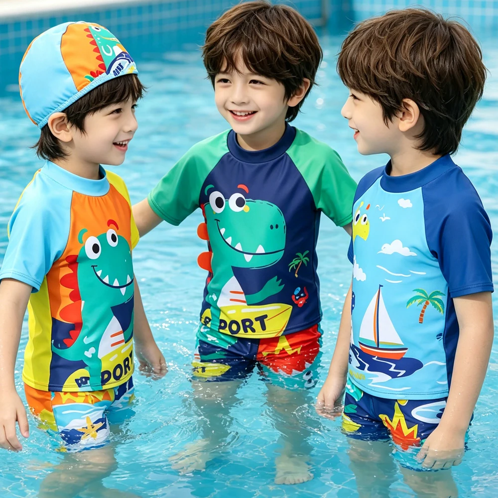 Traje de Baño de Verano para Niños 2026, Traje de Baño para Niños Pequeños, Trajes de Baño para Playa con Protección Solar UPF 50+, Traje de Baño de Dos Piezas con Diseño de Dinosaurio y Tiburón Espacial para Adolescentes
