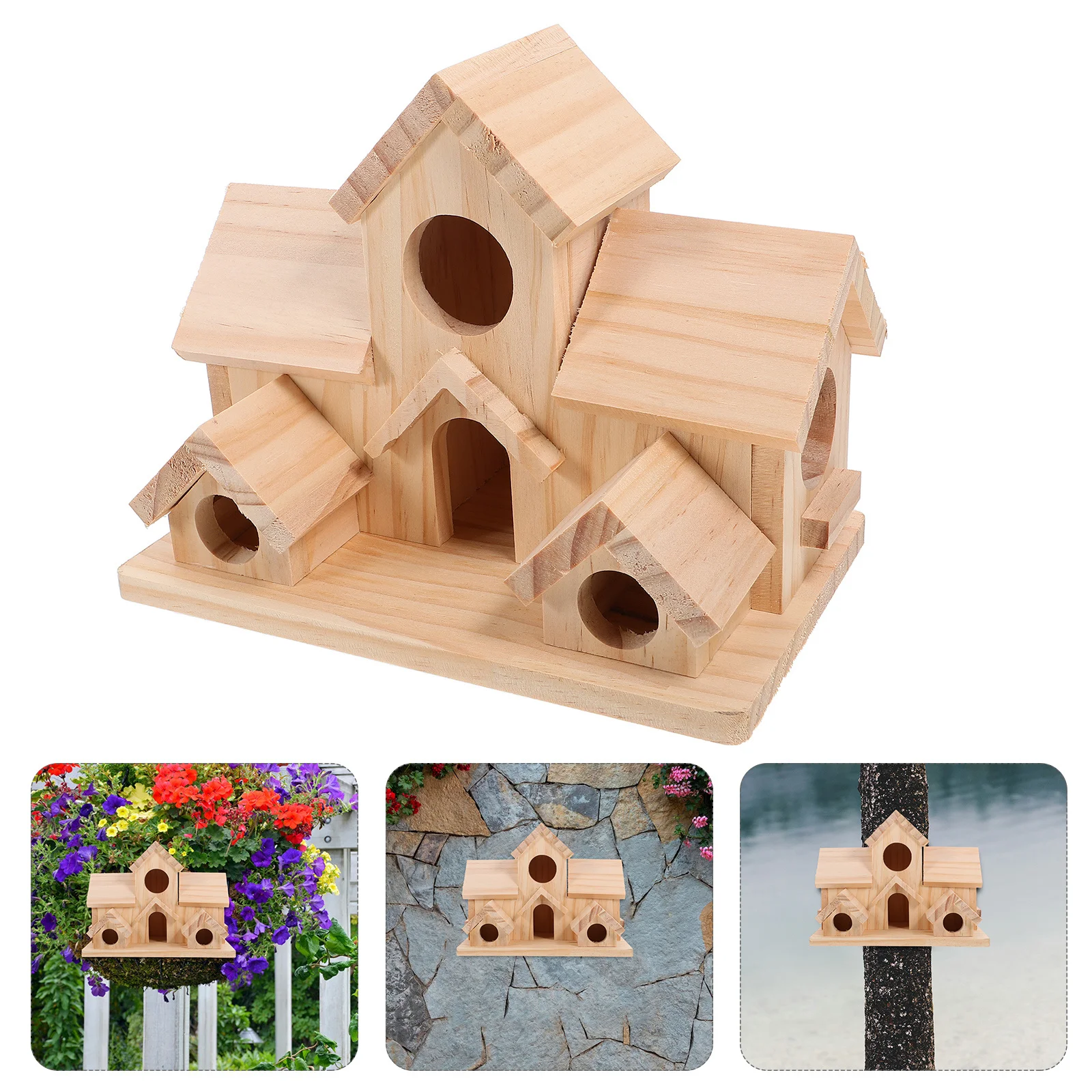 

Outdoor Hanging Bird Wooden Hummingbird 6 Hole Nesting Box For Small Birds Garden Decor Rustic Durable