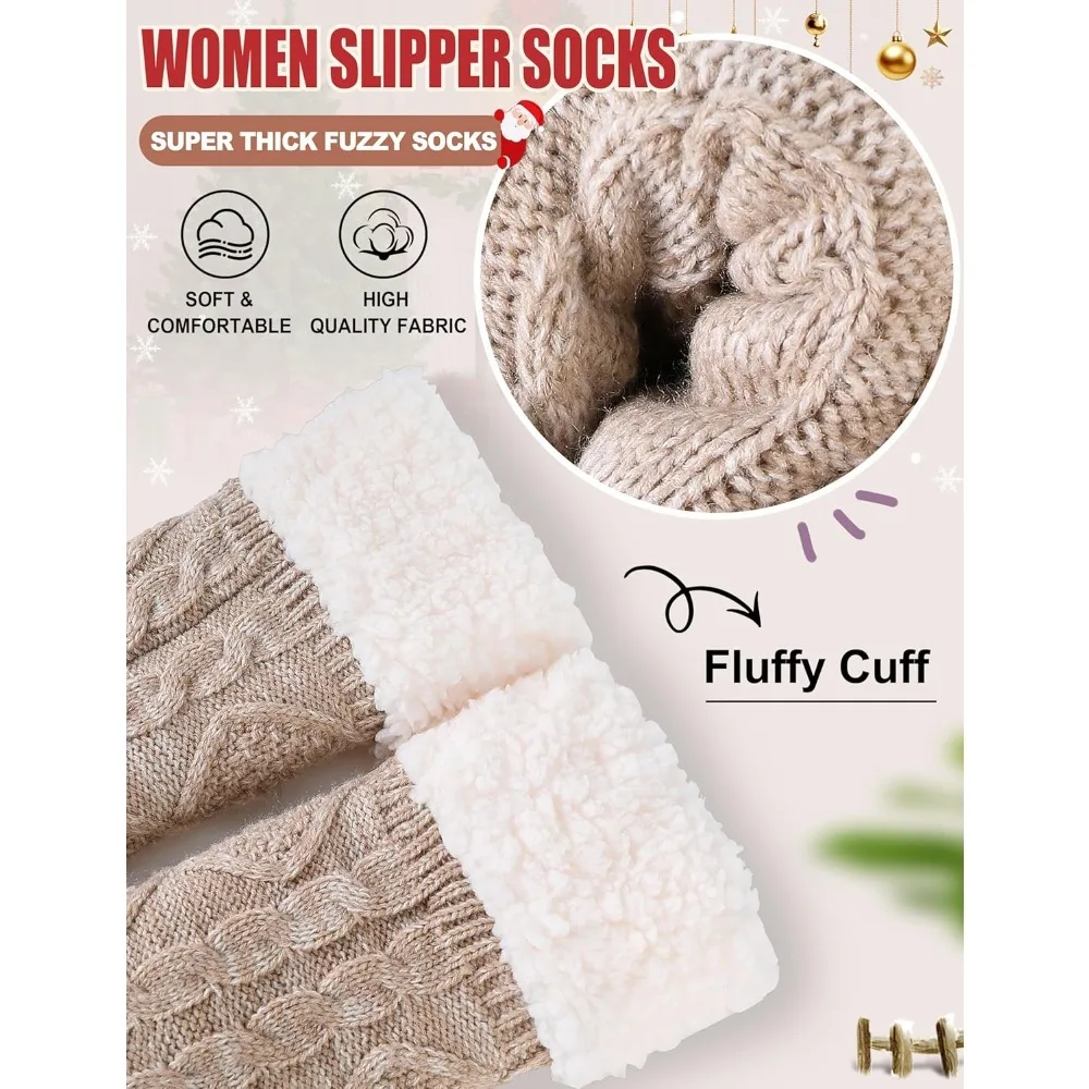 여성용 슬리퍼 퍼지 양말, 푹신하고 아늑한 겨울용 따뜻한 부드러운 플리스 편안한 두꺼운 양말, 미끄럼 방지 기능 포함