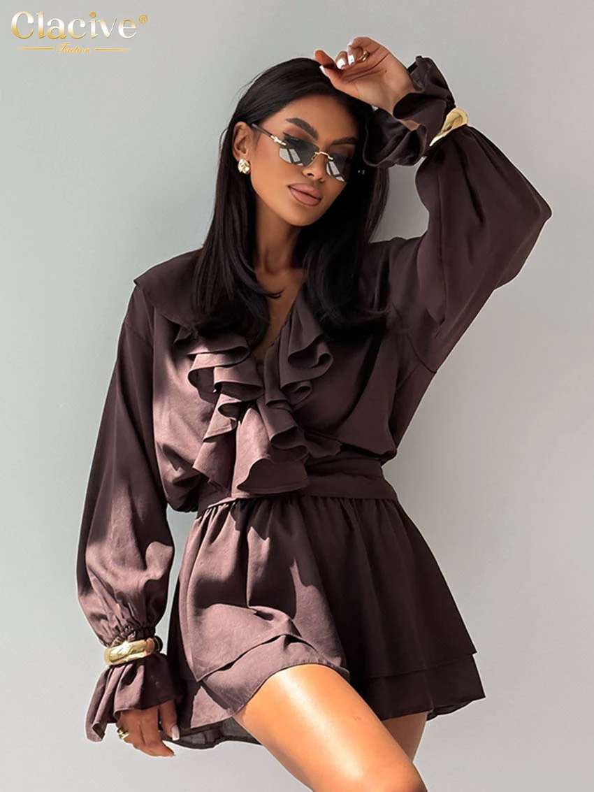

Clacive Fashion Loose Brown Women's Dress 2025 Casual V-Neck Long Sleeve Mini Dresses Lady Elegant Classic Ruffle Female Dress