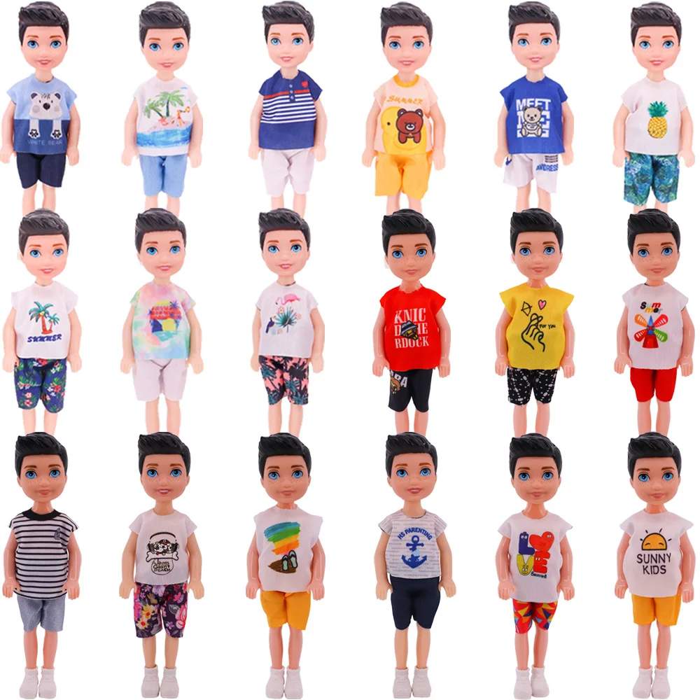 14Cm Boy Doll Clothes Cotten Print T-shirt+Shorts For 5Inch Kelly Doll Clothing Accessories,Children Doll House Toys Girl's Gift