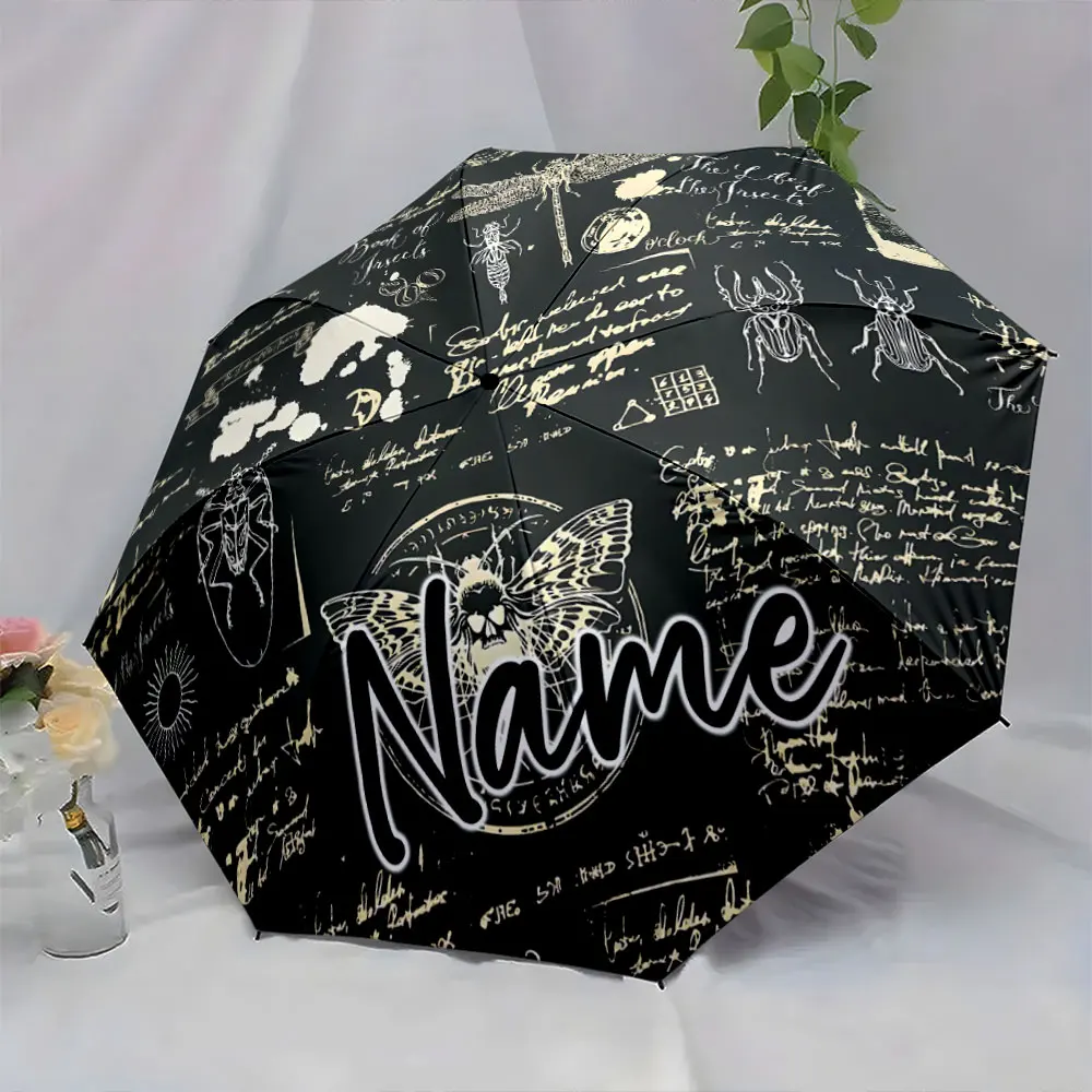 Custom Name Insect-Themed Black Umbrella with Unique Graphics Print 8 Iron Ribs Folding Umbrella Auto-Open Fashion Sunshade
