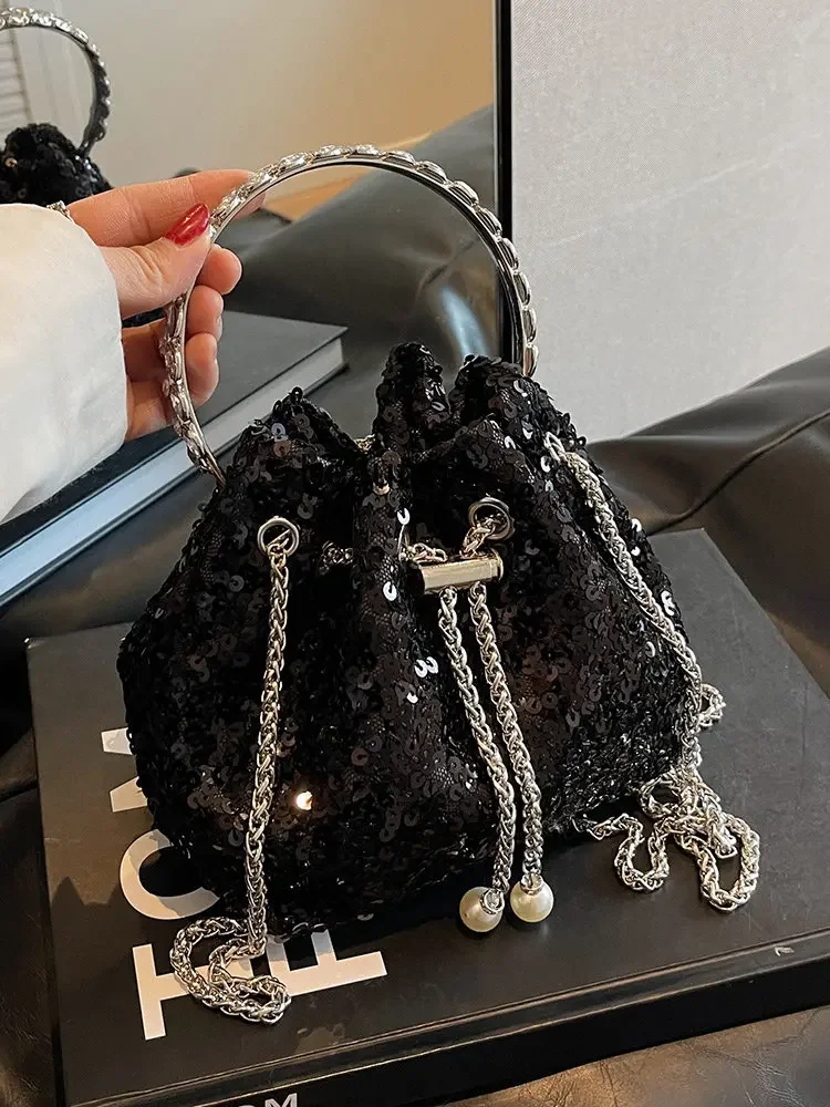 zq Women's Bag Special-Interest Design Summer Chain Shoulder Messenger Bag Sequined Portable Bucket Bag