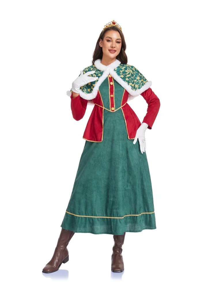 Neues Weihnachtsmann-Neujahrsparty-Kostüm für Damen, Rot-Grünes Kleid mit Umhang, Karnevalskostüm für Bühnenauftritte – Detail 5