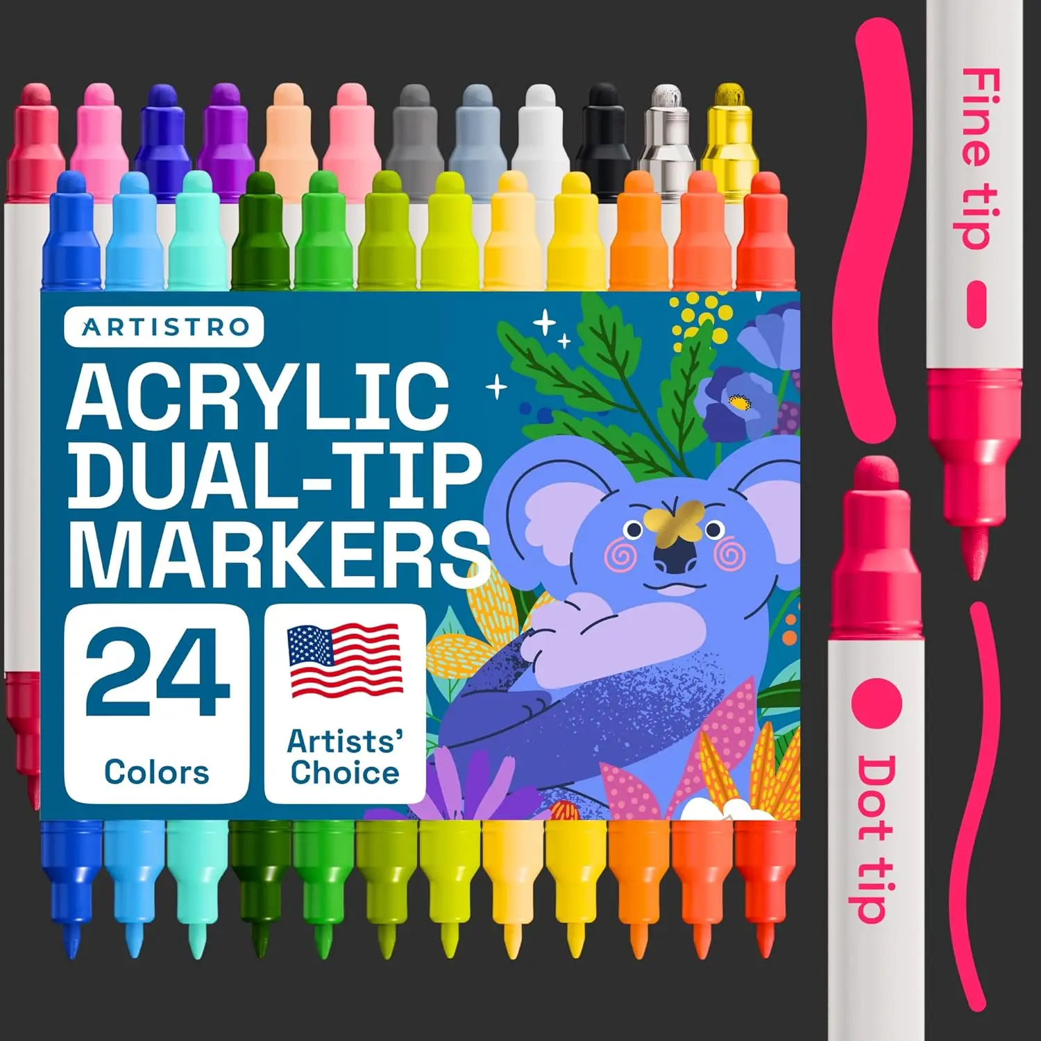 24 Acrylic Paint Pens Markers, Fabric Markers for Textile, Canvas, Paper, DIY, Paint Markers for Kids and Adults (Dual Tip)