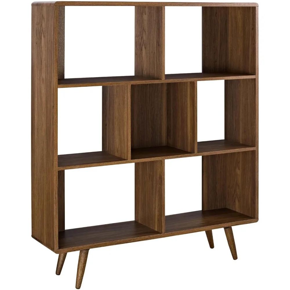 Transmit Mid-Century Offset Cube Wood 7 tier Bookcase in Walnut