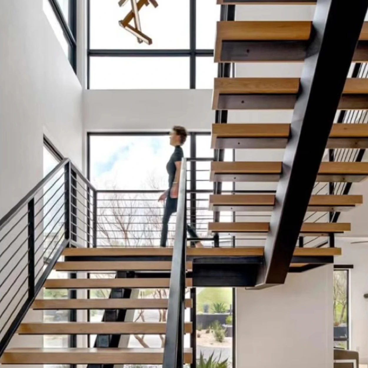 맞춤형 미국 캐나다 실내 직선형 강철 프레임 계단 모노 스트링거 디자인 플로팅 유리 계단