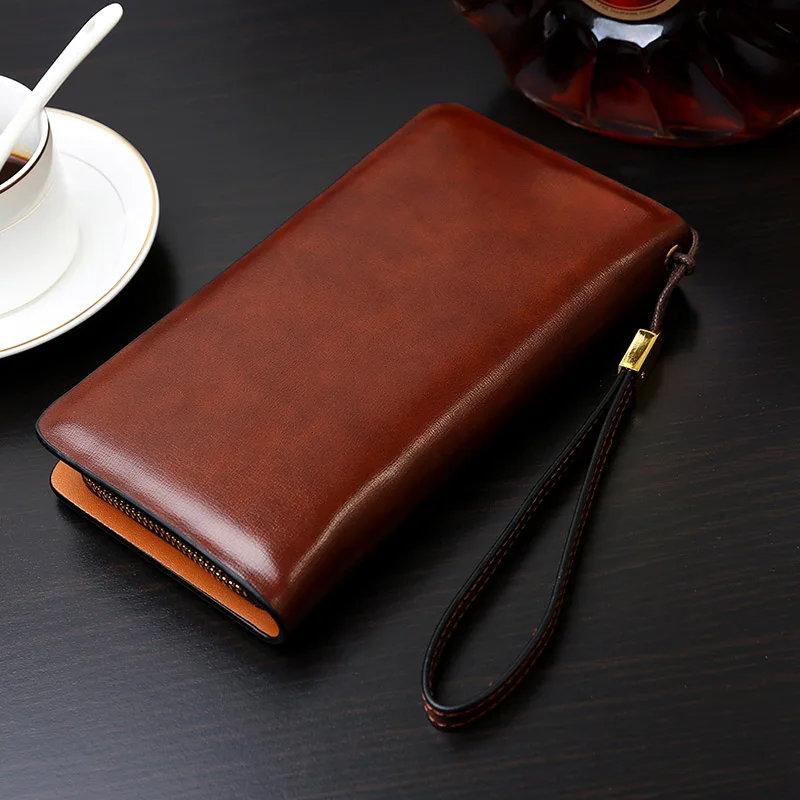 Vintage Men Clutch Bag Leather Long Purse Double Zipper Business Wallet For Husband Gift Black Brown Male Casual Handy Bags