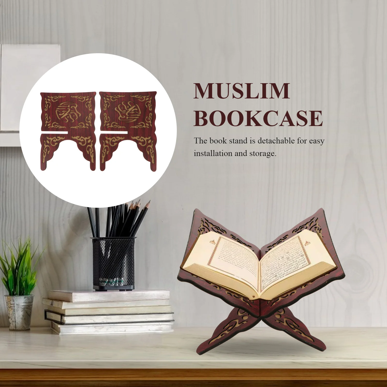 Bookend Eid -Fitr Bookshelf The Gift Table Top Carved Stand Foldable Holder Wooden Recipe Religious