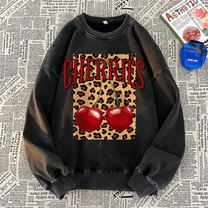 Leopard And Cherry Washed Sweatshirts Women Fruits Prints Pullover Oversized Crewneck Cotton Clothes Winter Warm Woman Hoodies