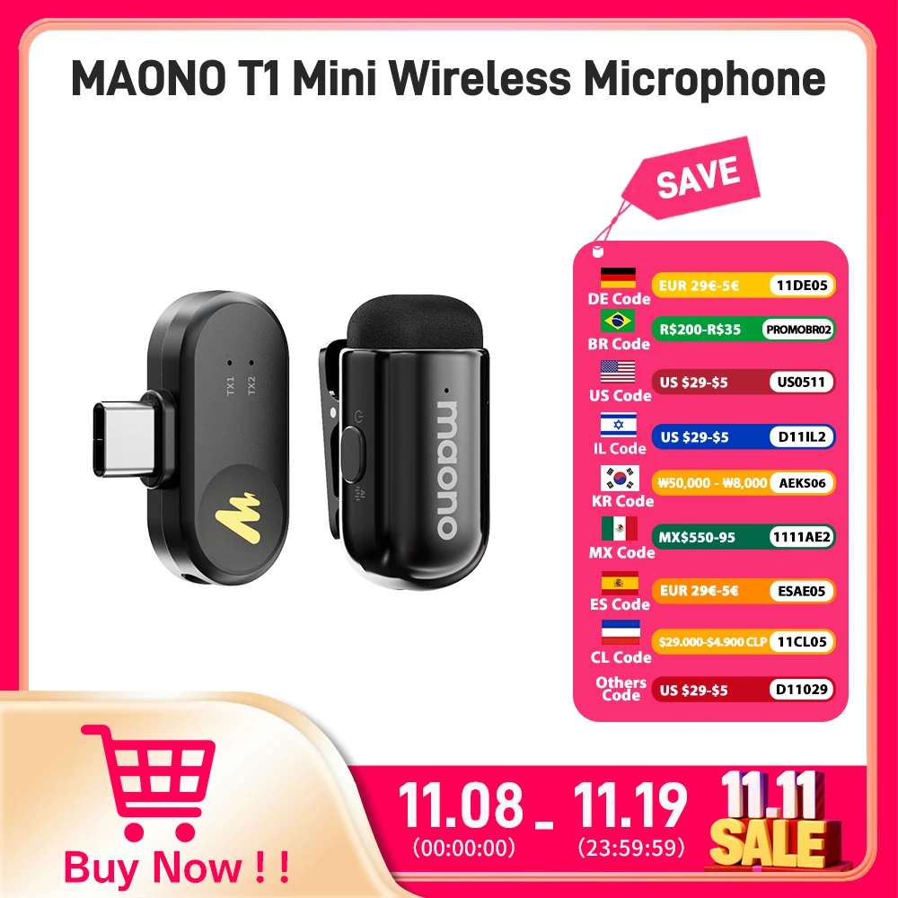 

MAONO T1mini Wireless Lapel Microphonefor iPhone Android Tablet PC with Noise Cancellation App Setting for Audio Video Recording