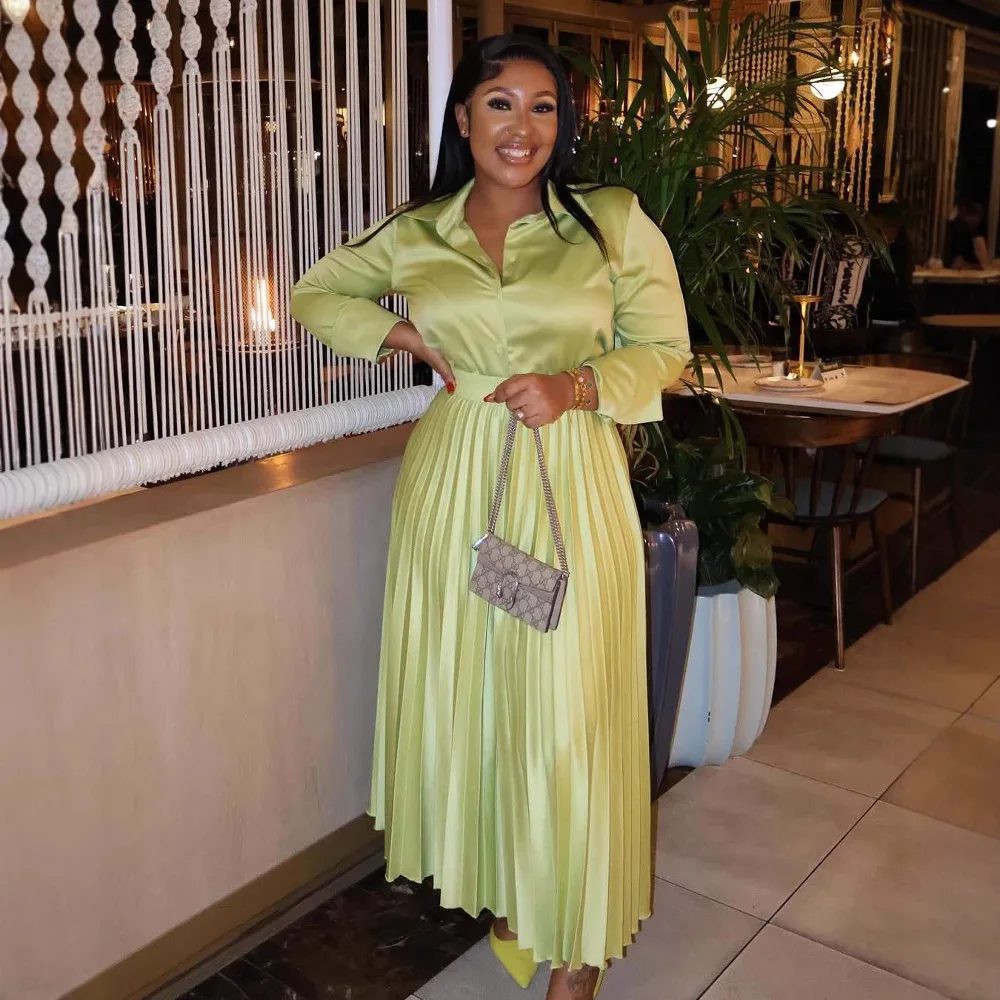 Feminino duas peças conjunto botão até manga longa turn down collar camisa com plissado uma linha saia sólida elegante nobre convidado saia terno